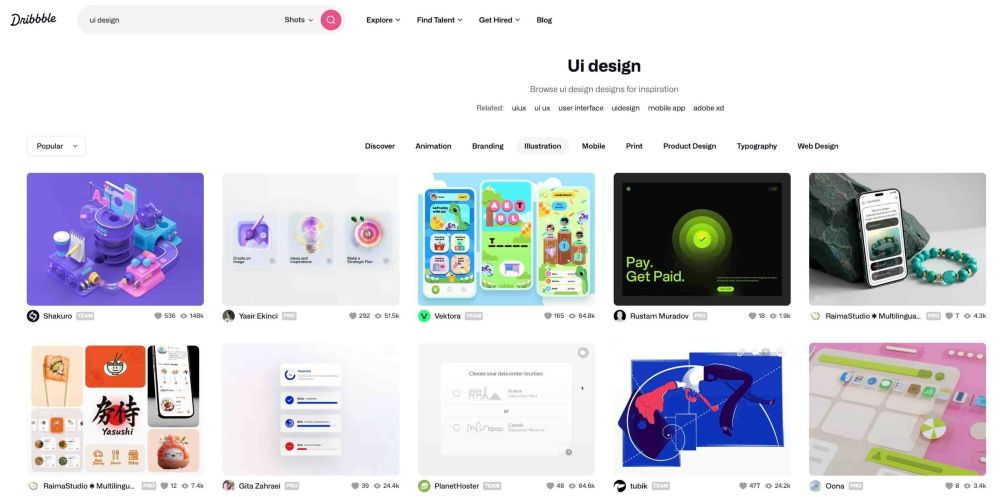 page d'accueil du site Dribbble pour l'UI design