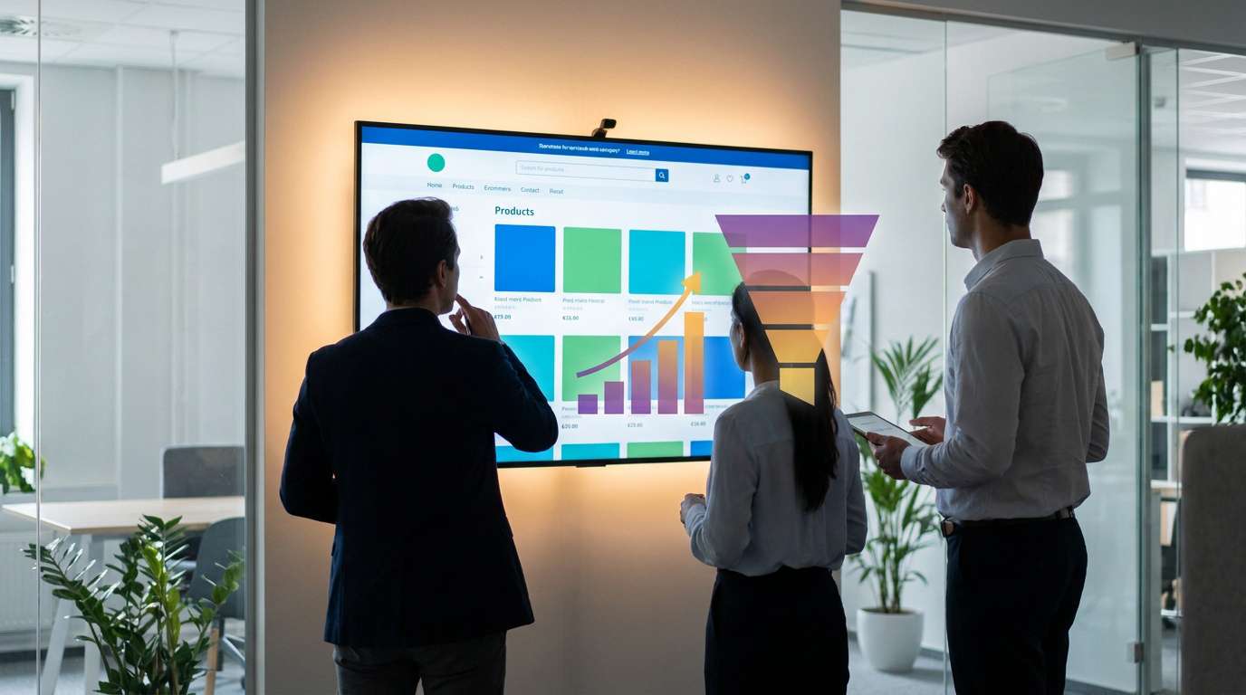 Trois collègues analysent une interface e-commerce sur un grand écran avec un graphique de conversion et un entonnoir.