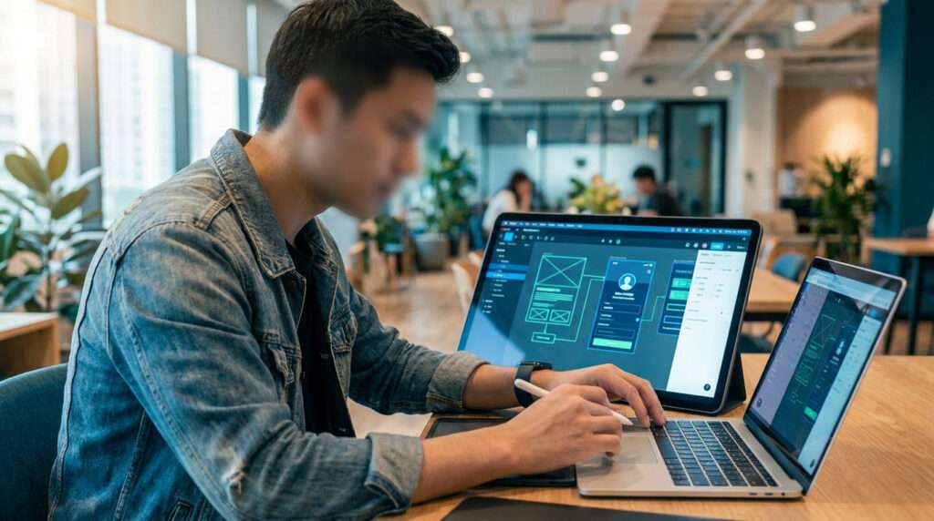 Designer travaillant sur des wireframes d'application mobile sur un ordinateur portable dans un bureau moderne.