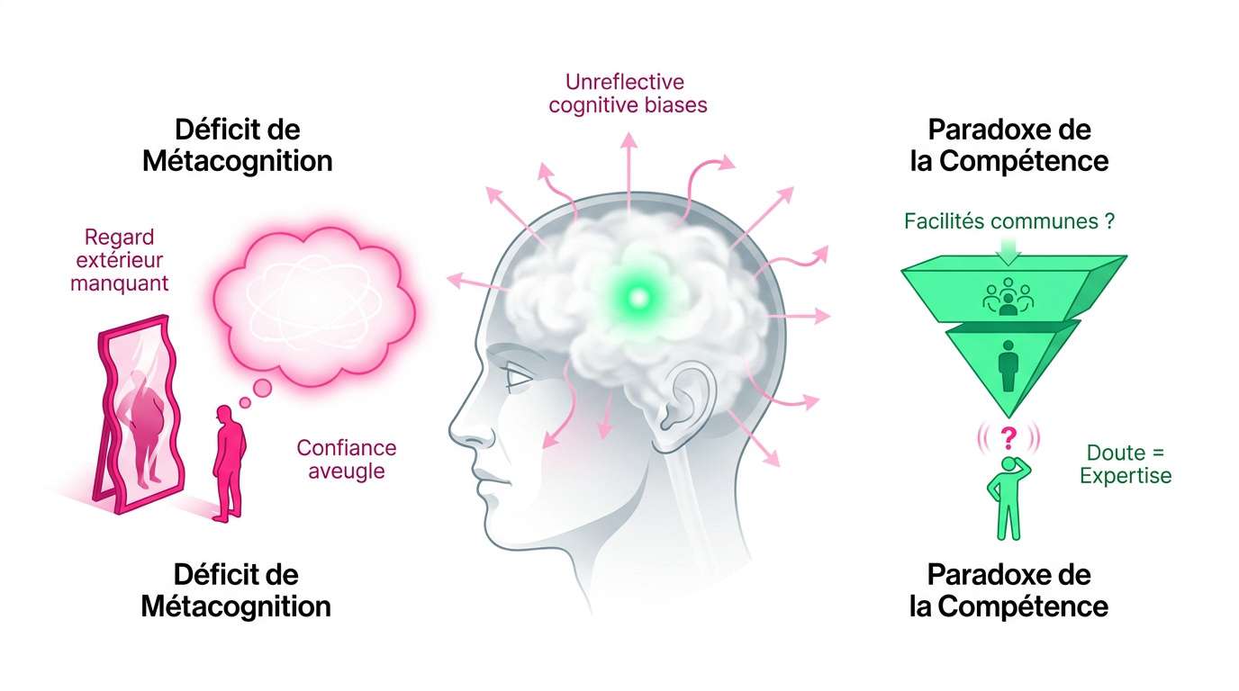 Schéma illustrant le déficit de métacognition et le paradoxe de la compétence