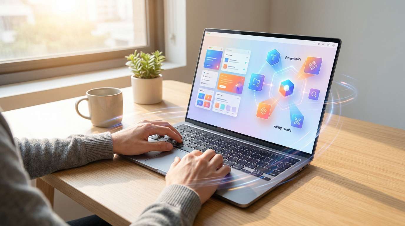 Une personne utilisant un ordinateur portable affichant une interface de design Figma avec des icônes futuristes.