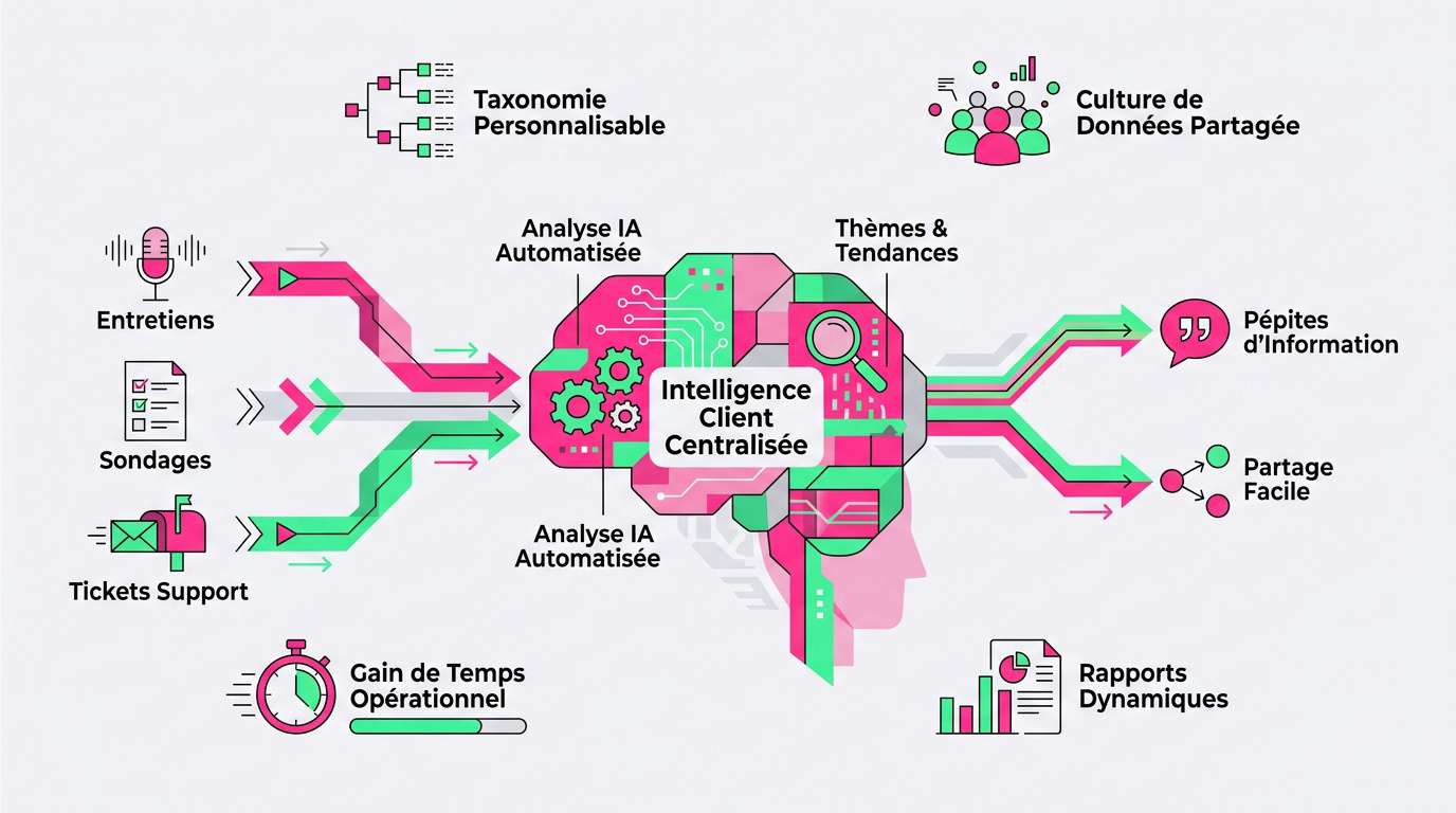 Interface de la plateforme Dovetail montrant l'analyse de données clients par intelligence artificielle