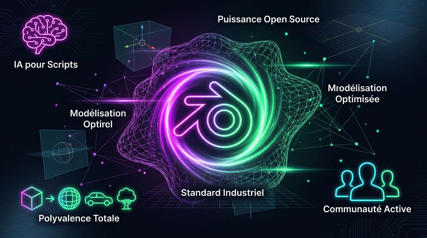 Infographie présentant la puissance et la polyvalence du logiciel 3D Blender pour le design UI/UX