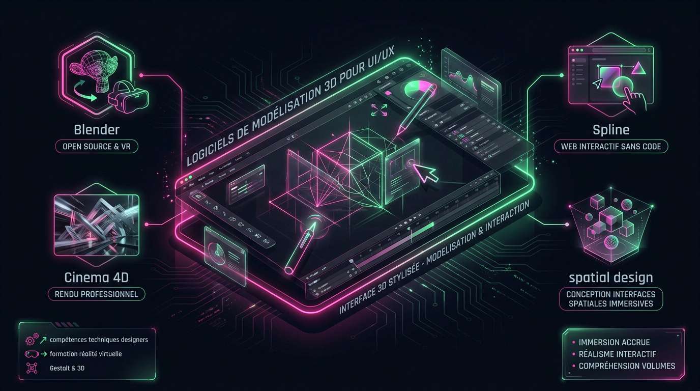 Interface utilisateur futuriste en 3D avec éclairages néon et profondeur spatiale